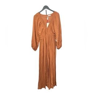 In Loom Plunging V-Neck Long Sleeve Maxi Dress Rust Brown Renfaire Peasant NWT L